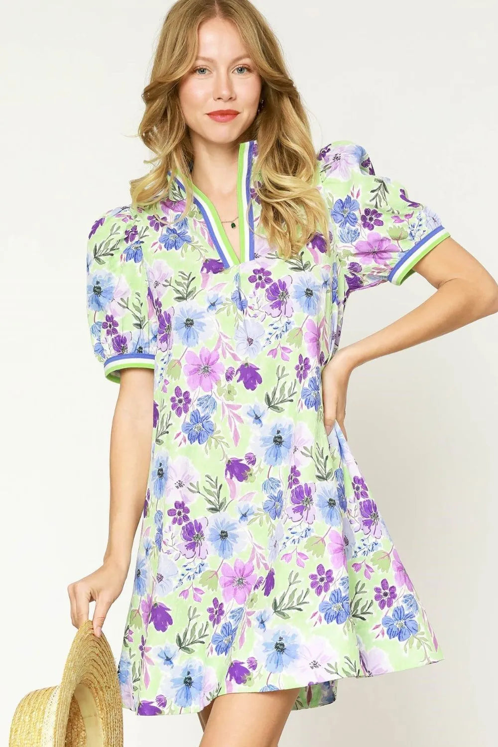 Floral Print Short Puff Sleeve Mini Dress in Light Green - product view 1