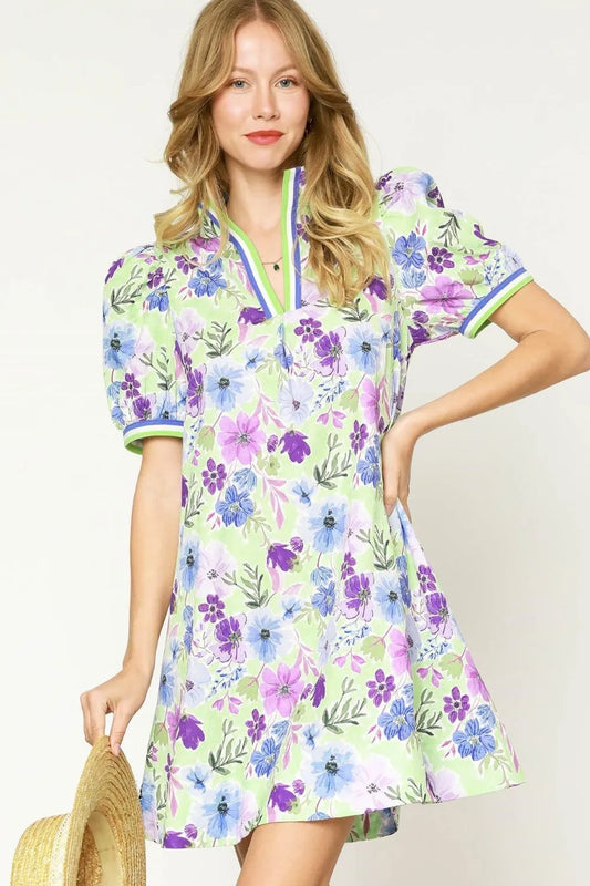 Floral Print Short Puff Sleeve Mini Dress in Light Green - product view 1