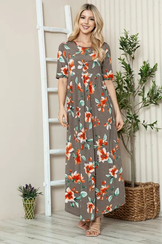 Floral Round Neck Short Sleeve Maxi Tee Dress in Coffee Brown - product view 3