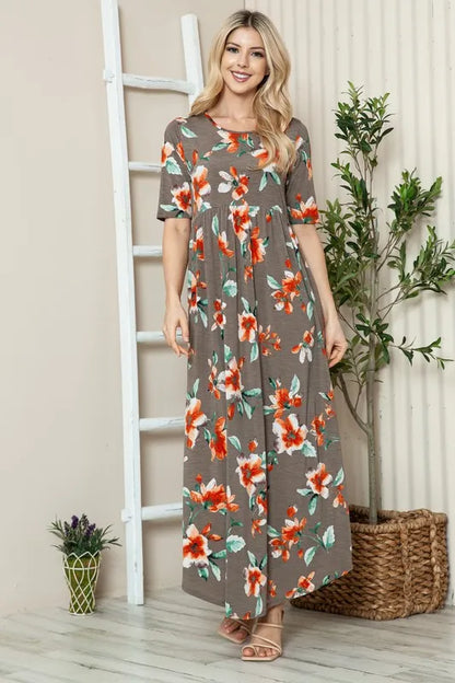 Floral Round Neck Short Sleeve Maxi Tee Dress in Coffee Brown - product view 3