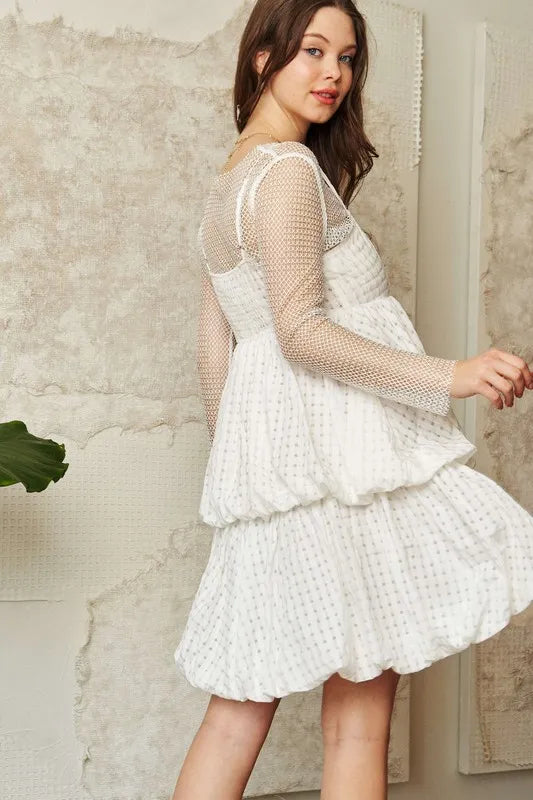 Checker Print Side Pockets Textured Mini Dress in White - product view 6