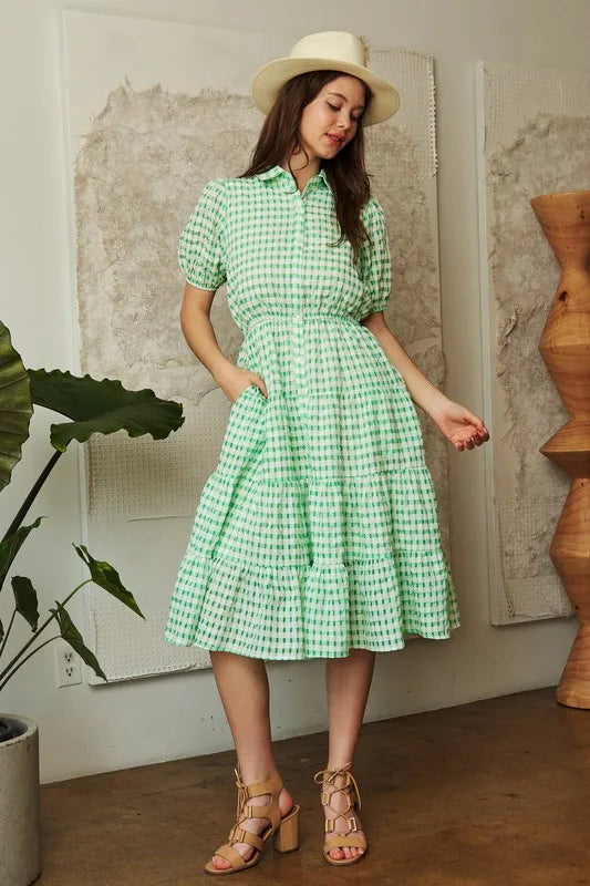 Checkered Puff Sleeve Tiered Shirt Dress in Green - product view 8