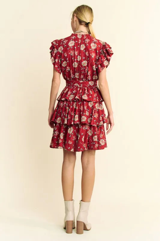 Ruffle Flutter Sleeve Tie Belt Tiered Mini Dress in Orange Rust - product view 10