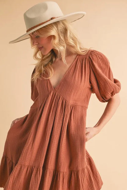 Tied Back Ruffled Short Sleeve Mini Dress - Terracotta - product view 5