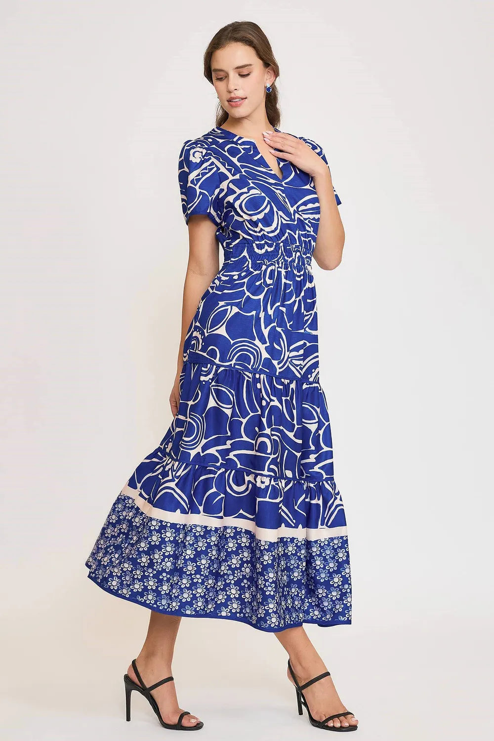 Full Size Printed Notched Short Sleeve Tiered Dress Plus Size - Royal Blue - product view 2