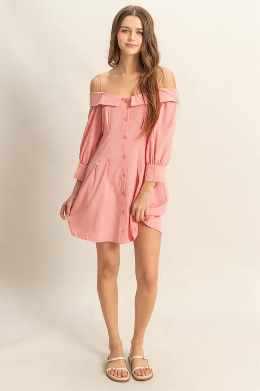 Button Down Spaghetti Strap Mini Dress with Pockets - Coral - product view 4
