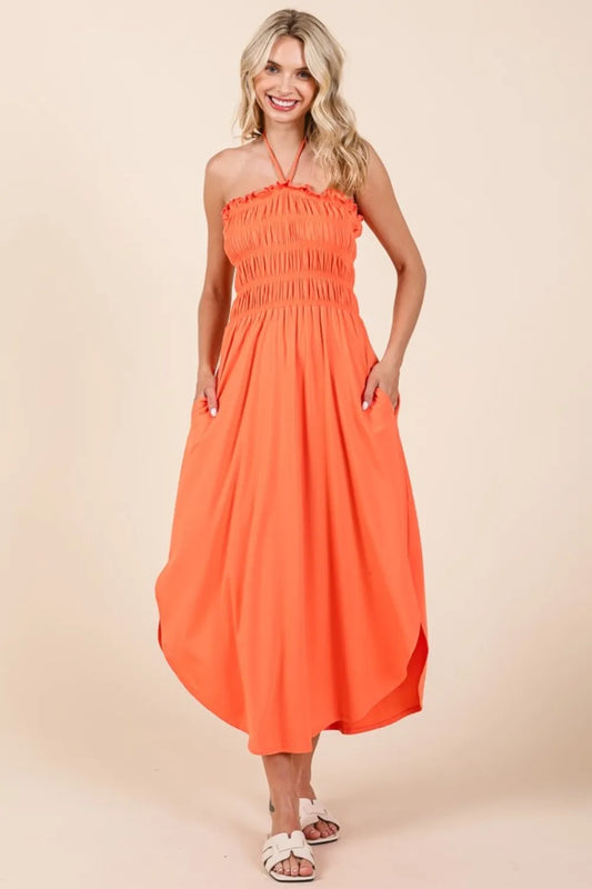 Tie Back Shirring Dress with Pockets - Living Coral - product view 1