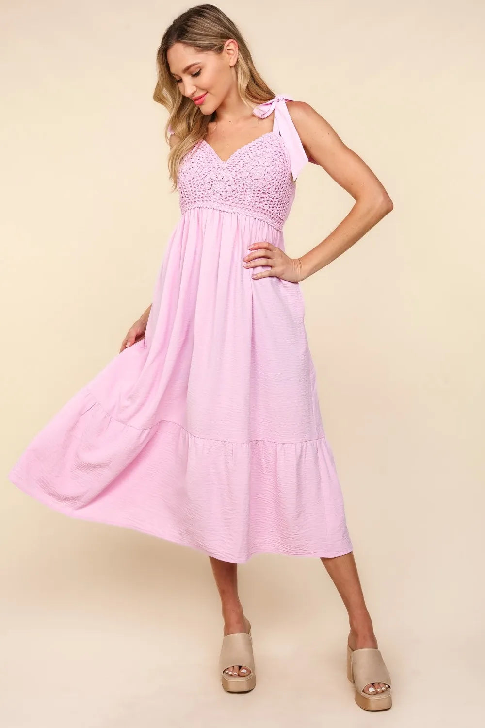 Crochet Lace Ruffle Hem Cami Midi Dress in Pink - product view 1