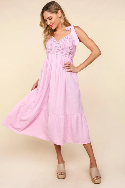 Crochet Lace Ruffle Hem Cami Midi Dress in Pink - product view 1