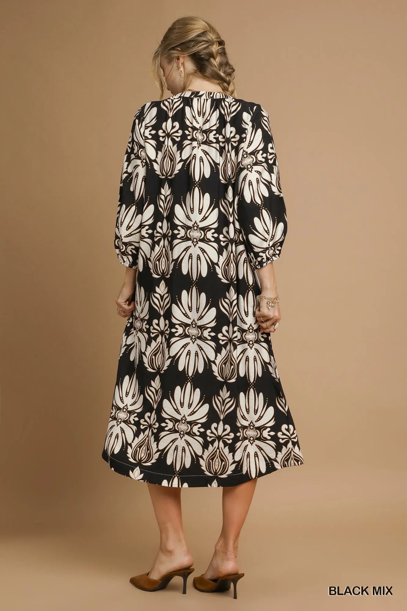 Mix Abstract Floral Print Midi Dress - Black Mix - product view 4