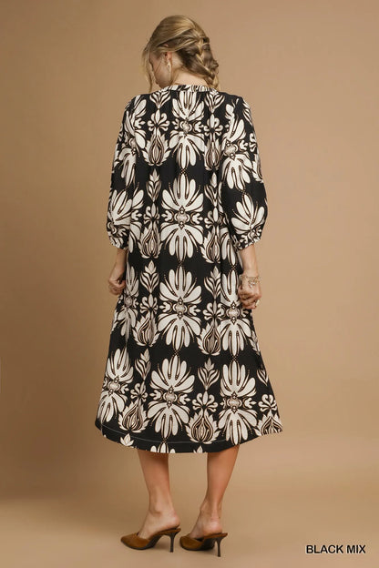Mix Abstract Floral Print Midi Dress - Black Mix - product view 4