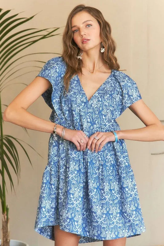 Printed V-Neck Ruffle Sleeve Mini Dress in Denim Blue - product view 1