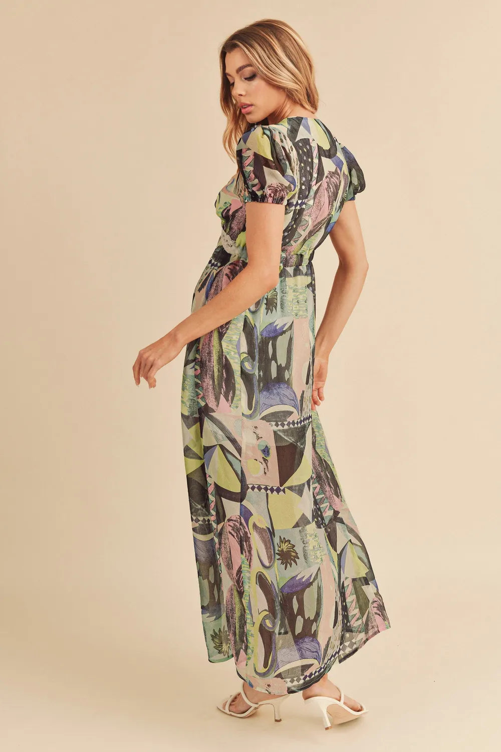 Lace Detail Slit Geometric Print Short Sleeve Maxi Dress in Green - product view 6