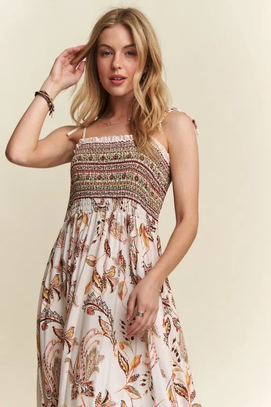 Smocked Printed Square Neck Tie Shoulder Cami Dress - Ivory - product view 2