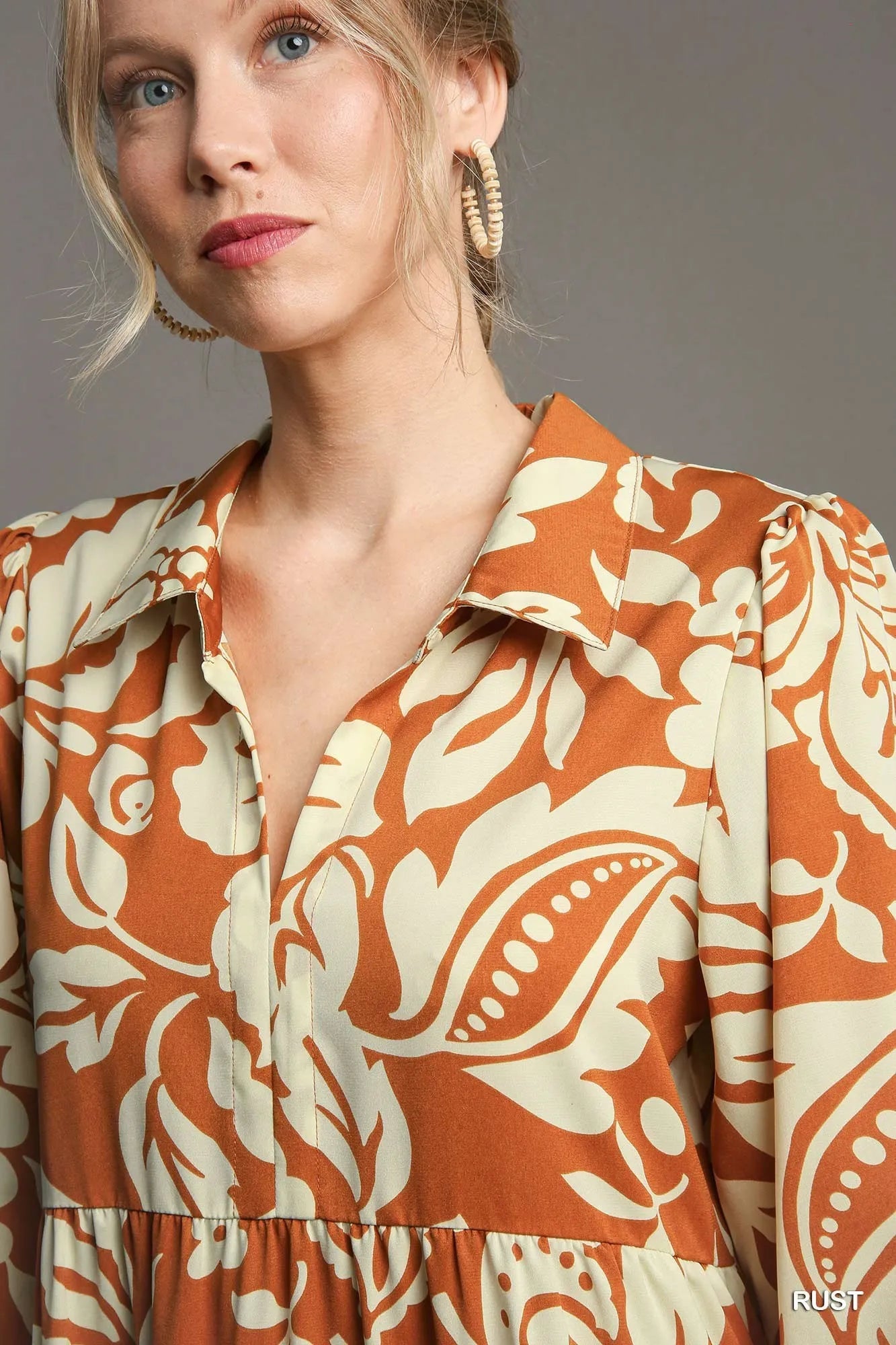 Full Size Floral Tiered Midi Shirt Dress Plus Size in Rust - product view 3