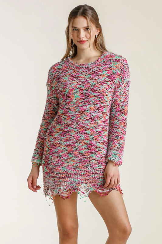 Full Size Distressed Hem Multicolored Round Neck Knit Tunic Dress Plus Size in Mint/Pink - product view 2