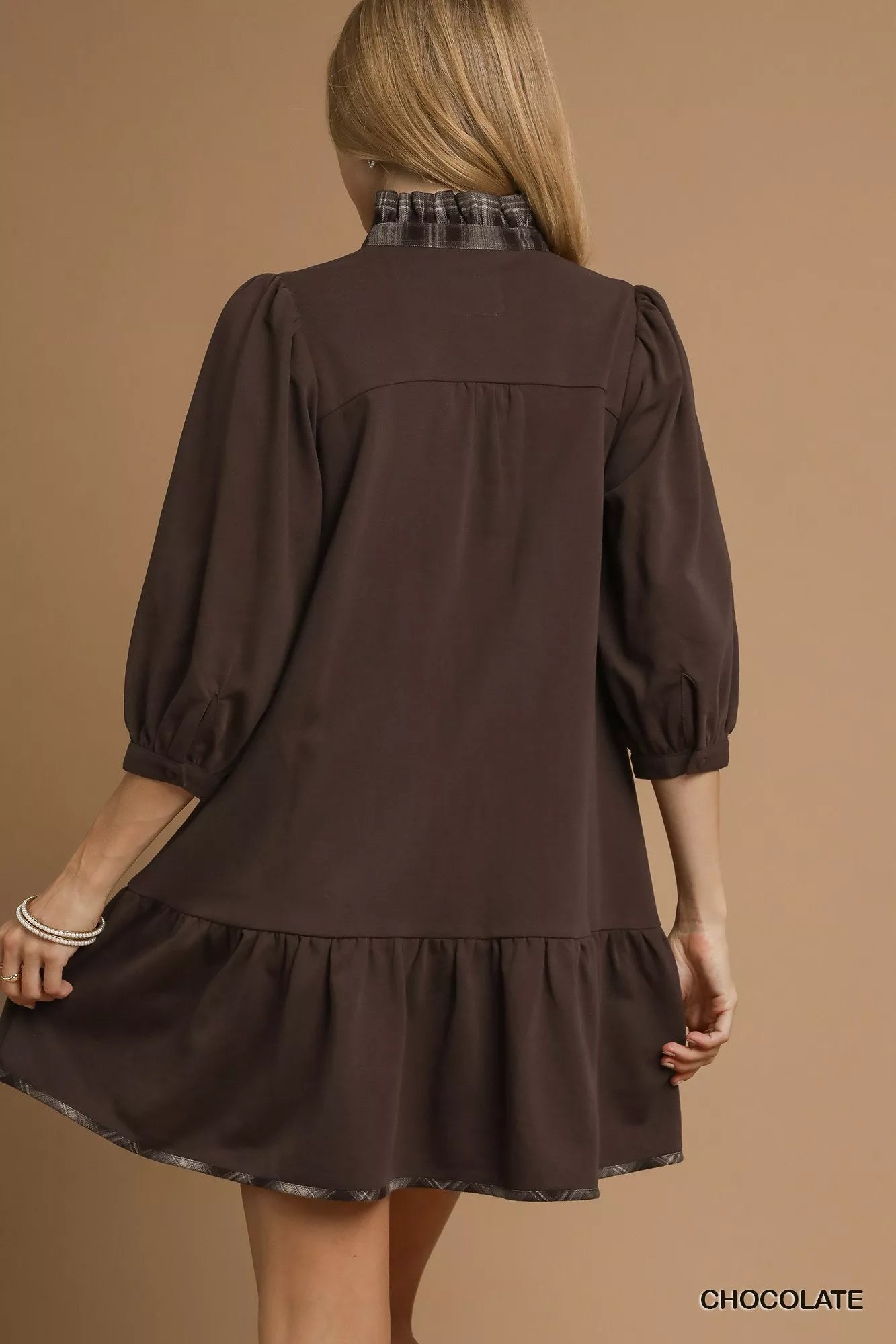 French Terry Ruffle Hem Dress with Plaid Trim - Chocolate - product view 3