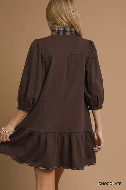 French Terry Ruffle Hem Dress with Plaid Trim - Chocolate - product view 3