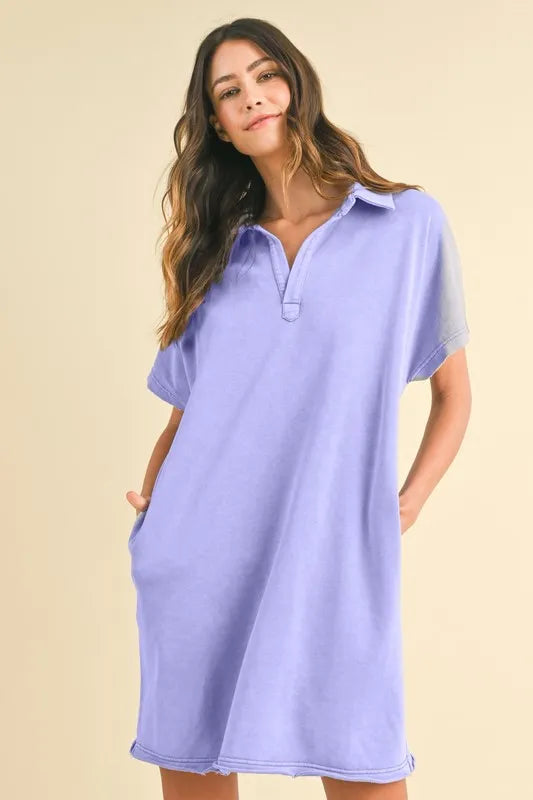 Mineral Washed Johnny Collar Short Sleeve Dress - Blue Purple - product view 1