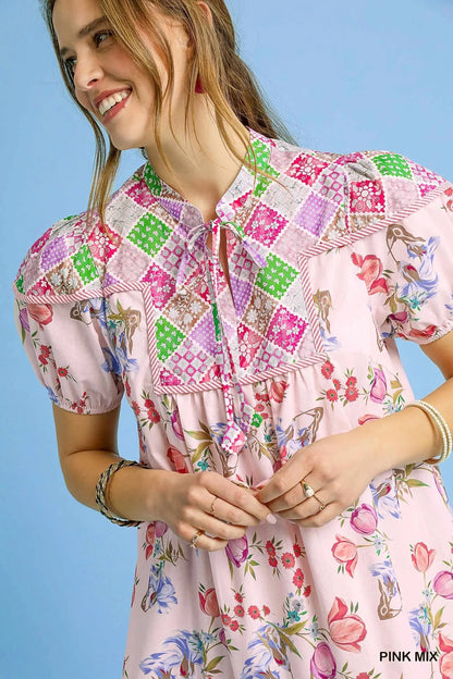 Floral Print Tie Neck Puff Sleeve Dress - Pink - product view 5