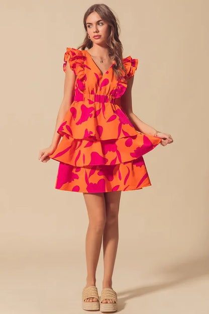 Floral V Neck Layered Dress with Elasticized Waist in Orange/Fuchsia - product view 12