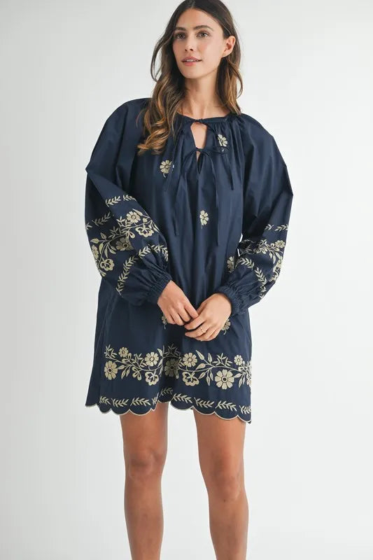 Embroidered Long Sleeve Peasant Mini Dress in Navy - product view 4