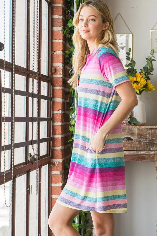 Full Size Striped Short Sleeve Mini Tee Dress Plus Size in Pink Multi - product view 7