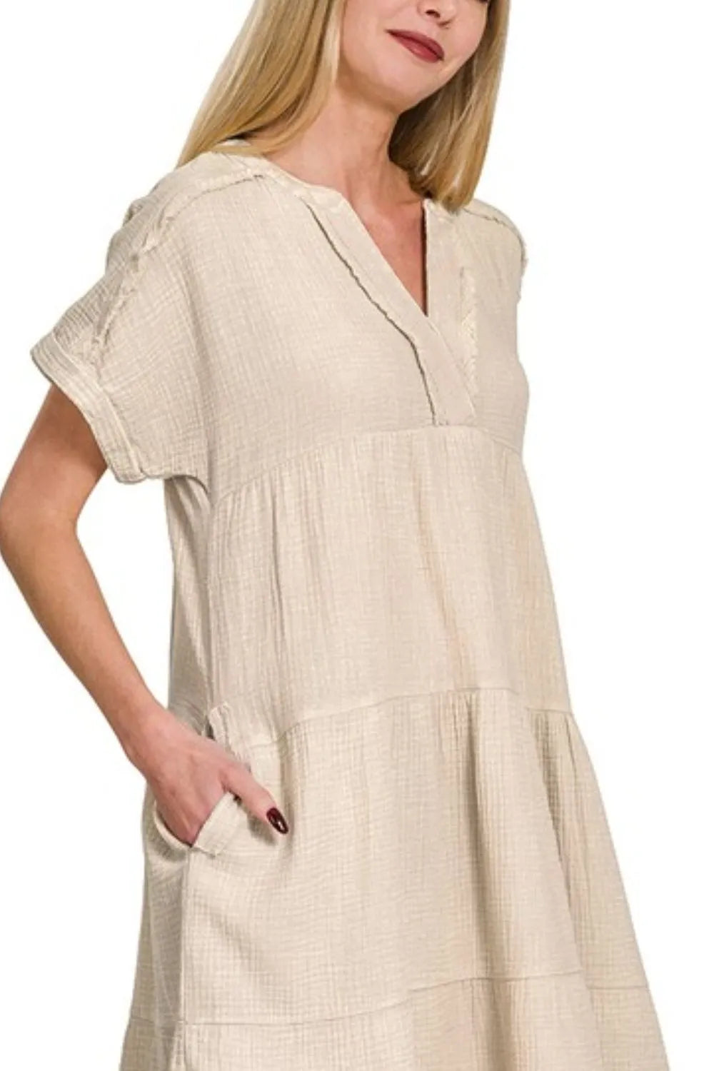 Washed Double Gauze Raw Edge V-neck Dress - Sand Beige - product view 2