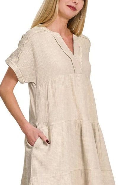 Washed Double Gauze Raw Edge V-neck Dress - Sand Beige - product view 2