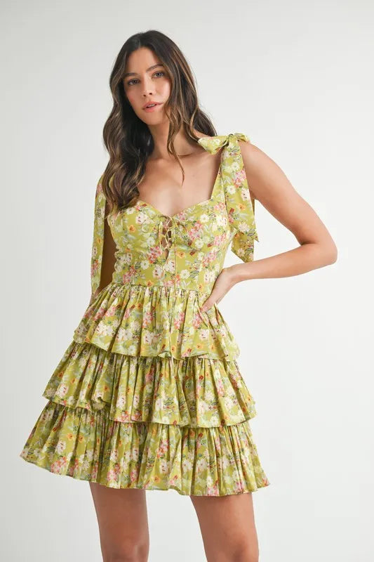 Floral Print Shoulder Tie Layered Mini Dress - Kiwi - product view 1