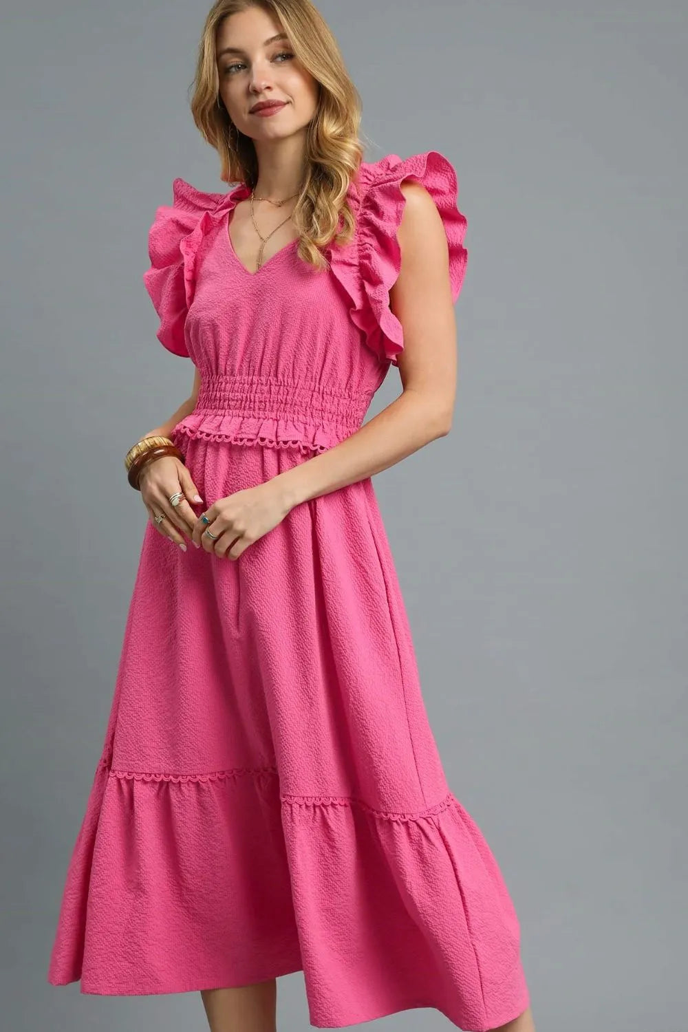 V-Neck Ruffled Cap Sleeve Midi Dress in Hot Pink - product view 1