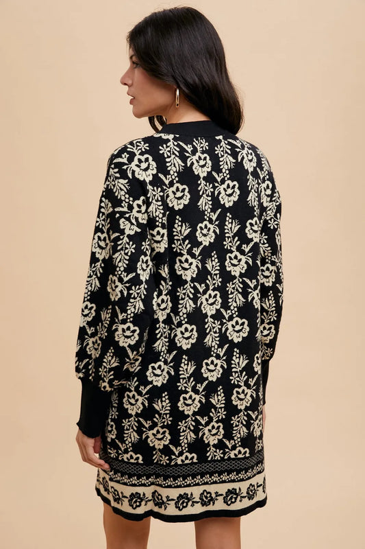 Floral Jacquard Round Neck Sweater Dress in Black/Oatmeal - product view 2