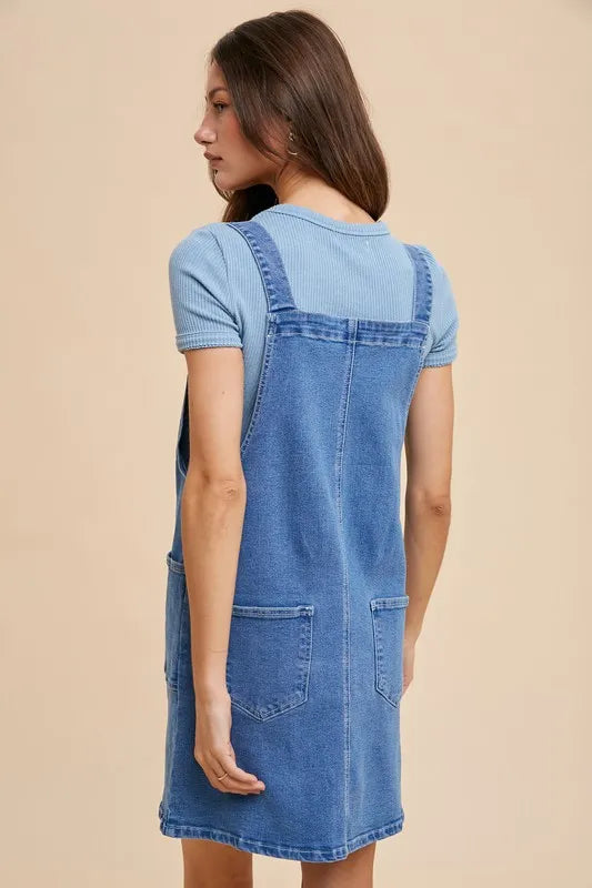 Wide Strap Denim Overall Dress with Pockets - Indigo Washed Denim - product view 3