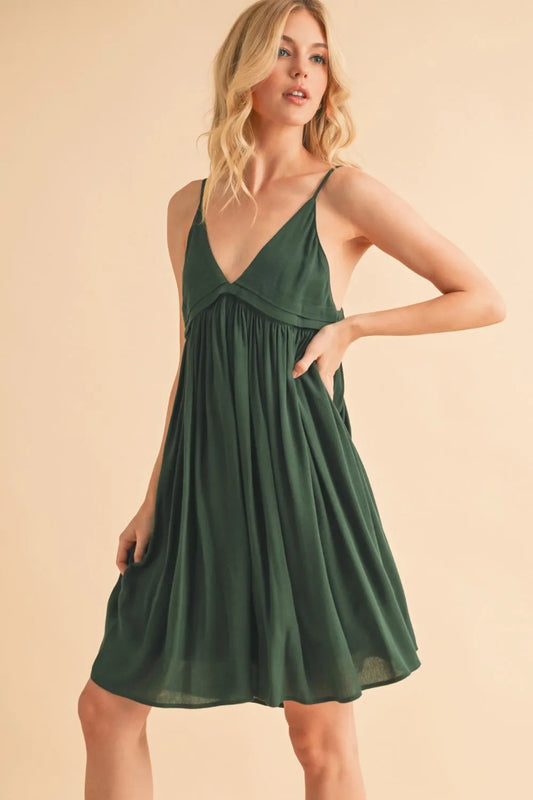 Ruched Plunge Mini Cami Dress - Dark Green - product view 2
