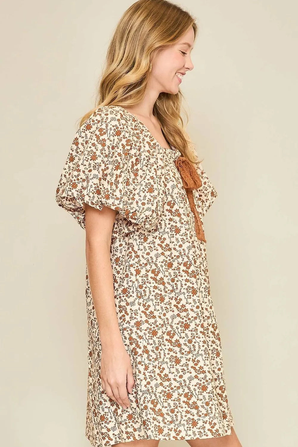 Full Size Lace Tape Drawstring Floral Puff Sleeve Mini Dress Plus Size in Caramel - product view 3