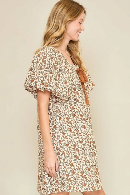 Full Size Lace Tape Drawstring Floral Puff Sleeve Mini Dress Plus Size in Caramel - product view 3