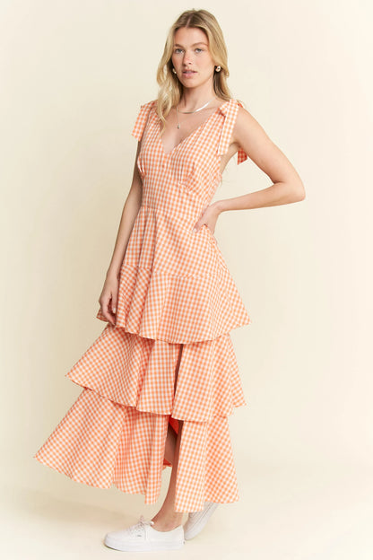 Sleeveless Gingham Print Tiered Midi Dress in Orange - product view 15