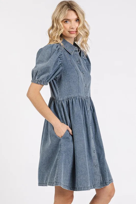 Button Down Puff Sleeve Denim Dress - product view 4
