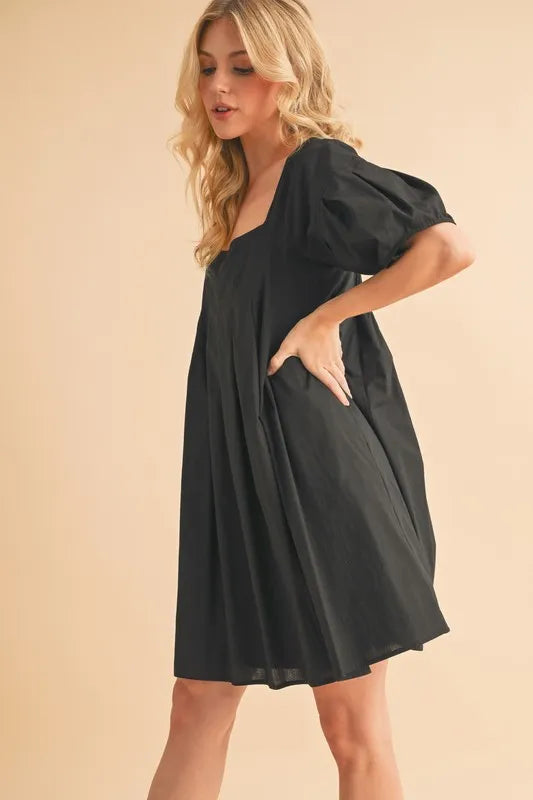 Square Neck Babydoll Dress with Pockets - Black - product view 5