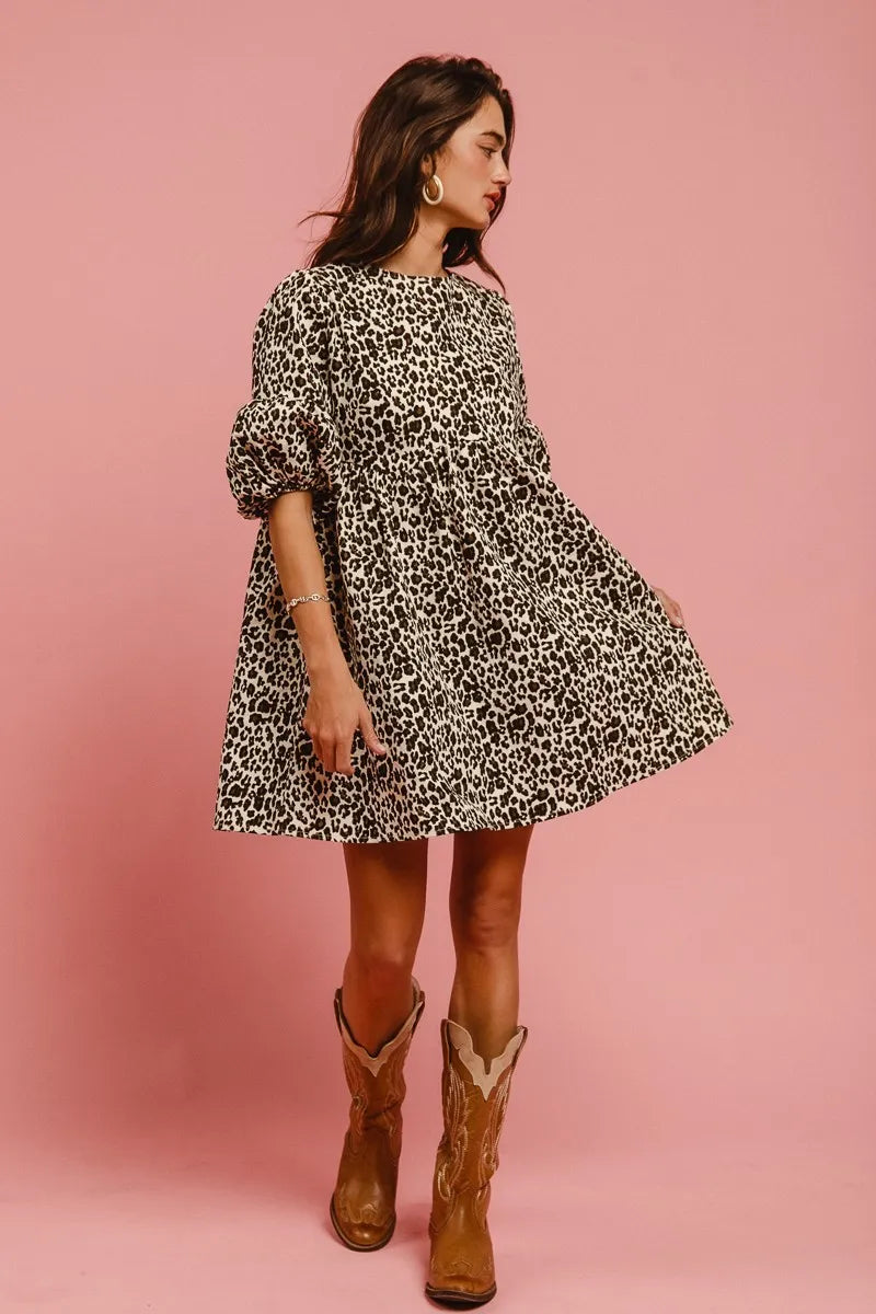 Leopard Denim Dress With Back Contrast Tie Detail in Off White Leopard - product view 7