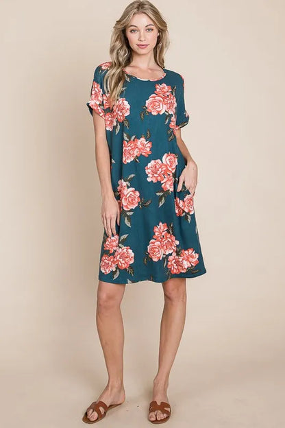 Floral Round Neck Short Tee Dress with Pockets - French Blue - product view 4