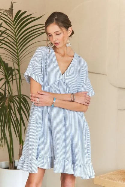 Ruffled Hem Striped V-Neck Babydoll Dress in Light Blue - product view 2