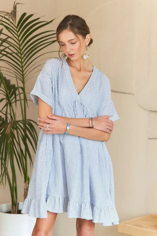 Ruffled Hem Striped V-Neck Babydoll Dress in Light Blue - product view 2