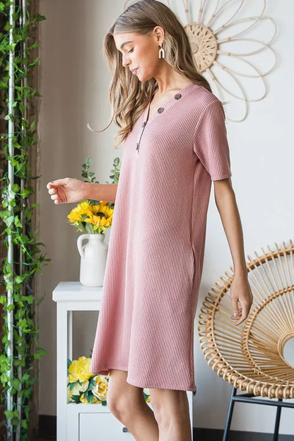 Full Size Solid Ribbed Mini Dress with Button Plus Size in Rose - product view 11