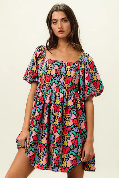 Floral Print Puff Square Neck Dress in Black Multi - product view 7