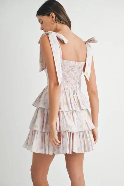 Floral Print Shoulder Tie Layered Mini Dress - Pink - product view 4