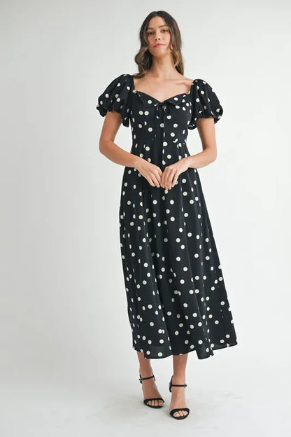Polka Dot Puff Sleeve Midi Dress - Black - product view 10