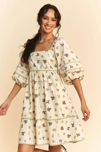 Cactus Printed Poplin Contrast Piping Mini Dress in Cream/Green - product view 4