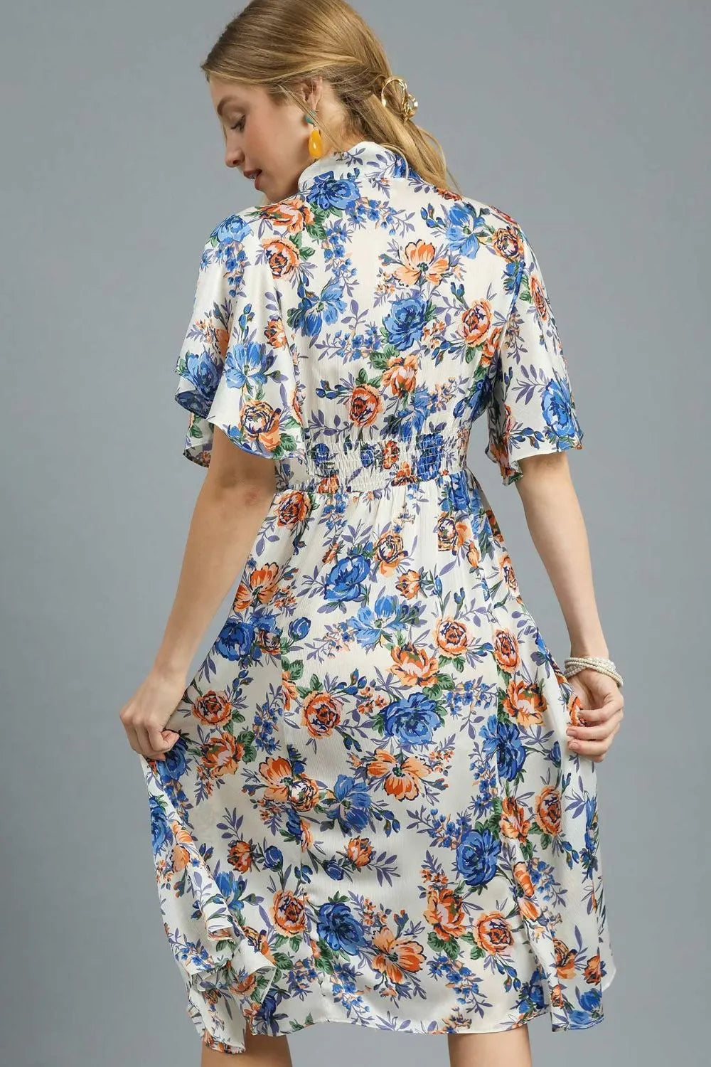 Floral Print Flutter Sleeve Dress in Royal Blue - product view 4