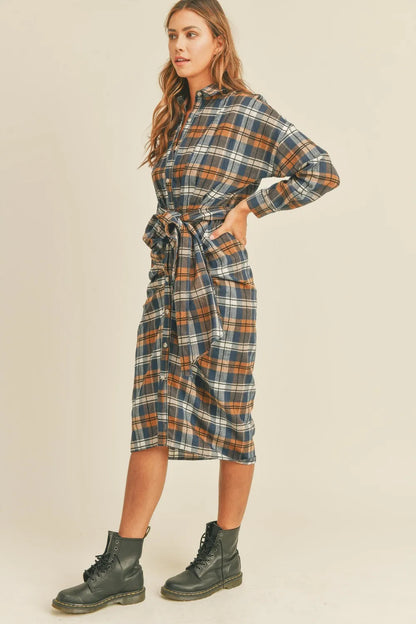 Plaid Flannel Front Tie Button Down Shirt Dress in Camel - product view 3